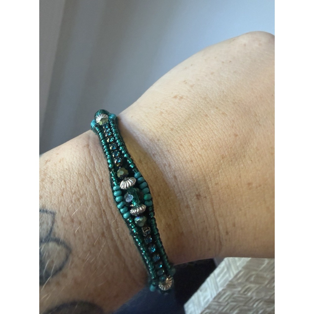 Emerald Green Beaded Bracelet Teal Crystal Adjustable Suede Cord Boho Bracelet
